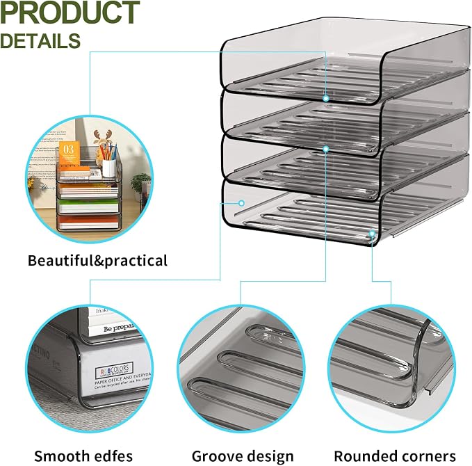 FANXIYQ 4-Tier Acrylic Paper Tray Organizer, Smoked Brown Stackable Desk File Organizer for Documents, Files, Letters, A4 Paper, Books, Notes, Mail & Paper Storage, Office Classroom Home