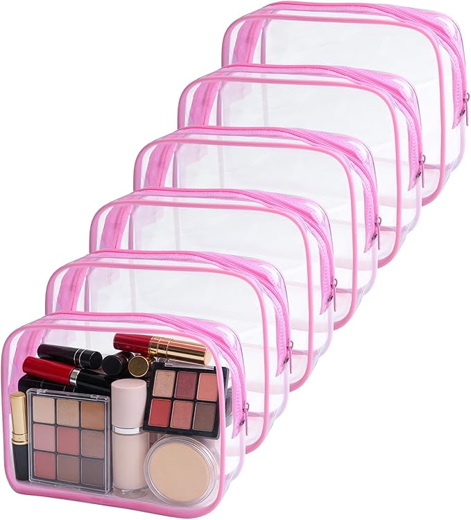 6 Pieces Clear Makeup Bags Bulk, TSA Approved Toiletry Bag PVC Cosmetic Toiletries Pouch with Zipper, Waterproof Vinyl Plastic Organizer Case for for Women Carry-on Travel Essentials (Pink)
