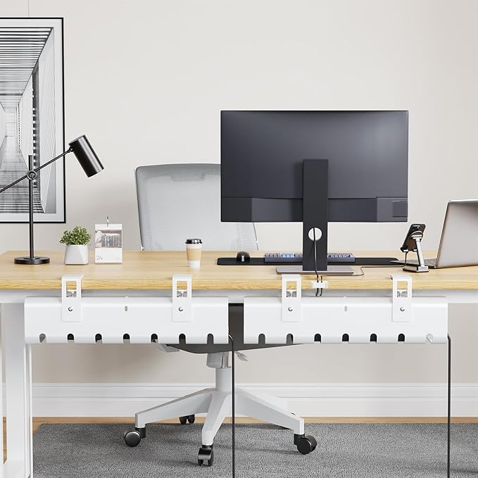2 Pack No-Drill Under Desk Cable Management Tray 33.8 inch Large Wire Cord Organizers, Cable Management Under Desk for Home and Office No Damage White