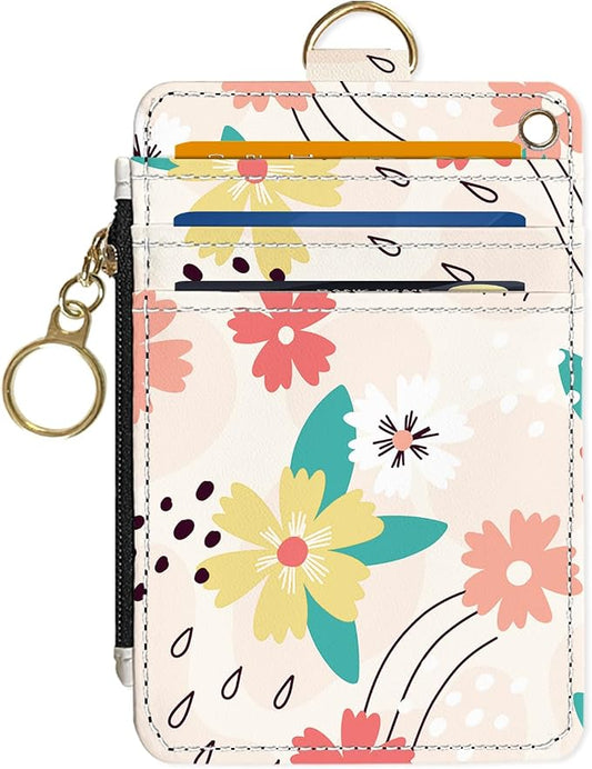 Slim Wallet Credit Card Holder, Pink and green flowers, RFID Wallet Women Cute Small Front Pocket Wallet With Zipper, PU Leather Thin travel RFID Blocking Card Case ID Window,Ladies Gifts