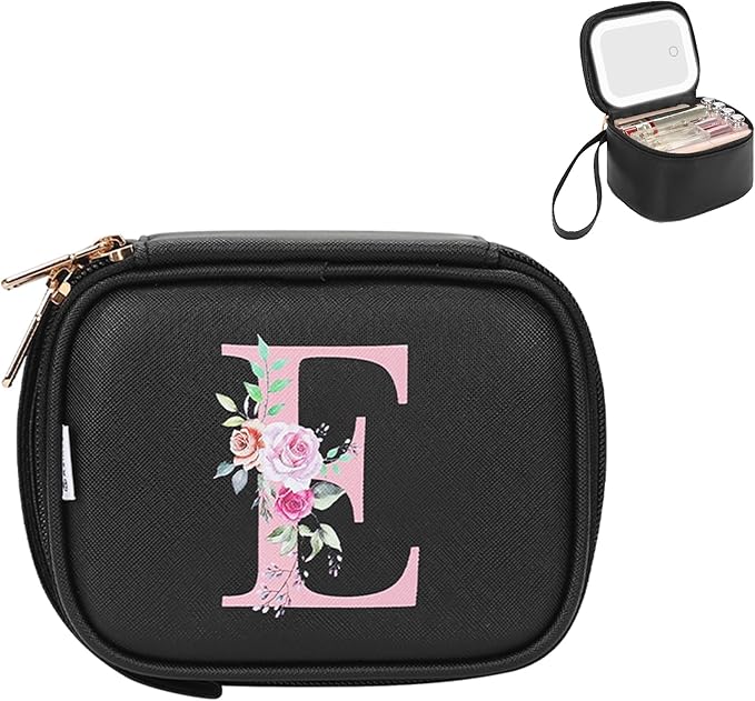 Relavel Mini Makeup Bag with Led Mirror for Women, Small Initial Cosmetic Travel Bags, Personalized Makeup Pouch with 3-Light Modes, Preppy Gifts for Mom Daughter Teen Girls - Black E