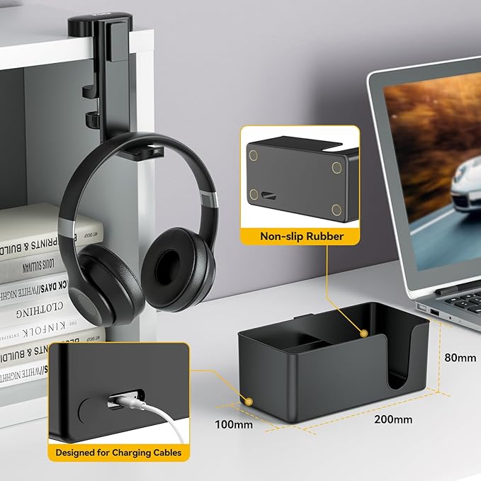 KDD 4 in 1 Desk Cup Holder - Clamp on Under Desk Headphone Hanger - Rotating Headphone Holder Detachable Pen Cup Holder Desktop Storage for Cup, Phone and Pen(Black)