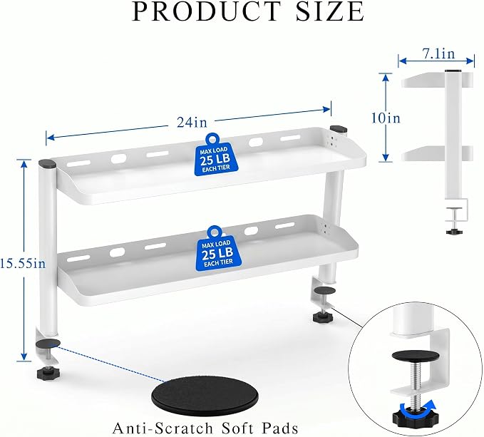 Clamp on Desk Shelf White, 24in 2-Tier Office Desk Shelves Organizer, Shelf for Top of Desk with Headphone Holder and Hooks, Desktop Storage Rack for Home Workspace, Study Rooms, Gaming Accessories