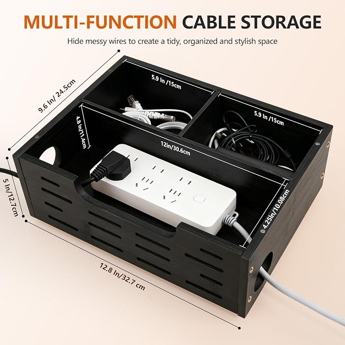 Wooden Black Cable Management Box– Large Extension Cable Organizer Box for Power Strips Floor Outlet Hider Durable Cord Hider for Home Office Under Desk,Floor TV Wires Computer Router USB Hub Cables