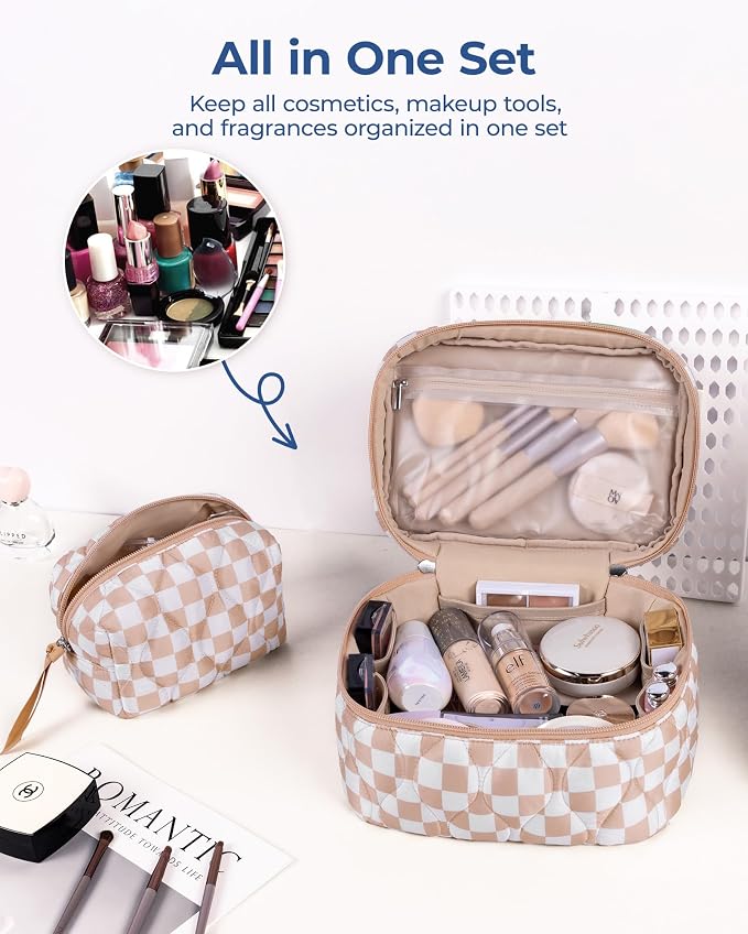 BAGSMART Travel Makeup Bag, 2-Piece Puffy Quilted Cute Make Up Bag Cosmetic Bags for Women, Large Wide-Open Toiletry Pouch Gifts for Toiletries Accessories Travelling Essentials, Checkered Khaki