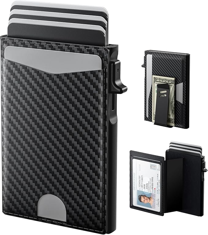 typecase Flip Pop Up Wallet for Men Card Holder: Smart Privacy & ID Display Mode, RFID Blocking, Slim Genuine Leather, Minimalist Front Pocket - 8 Card Capacity | ID Window | Money Clip (Carbon Fiber)