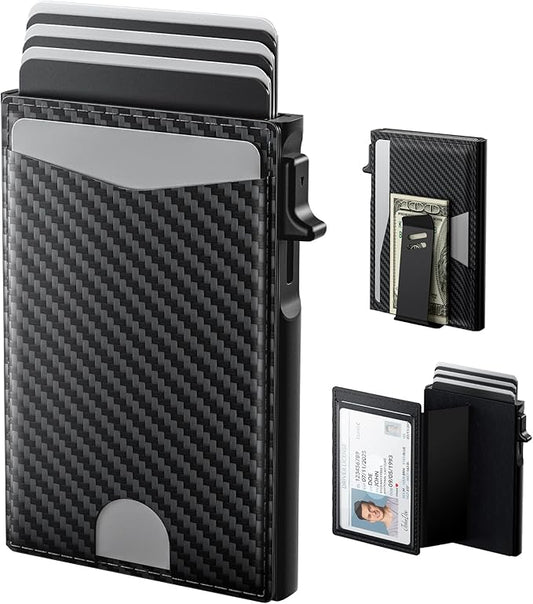 typecase Flip Pop Up Wallet for Men Card Holder: Smart Privacy & ID Display Mode, RFID Blocking, Slim Genuine Leather, Minimalist Front Pocket - 8 Card Capacity | ID Window | Money Clip (Carbon Fiber)