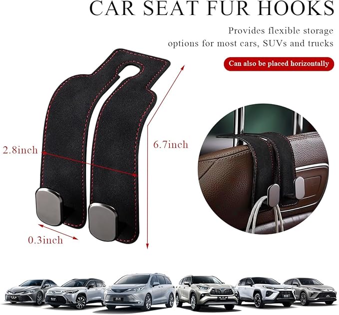 2 PCS Car Seat Headrest Hook, Back Seat Hanger with Double Flexible Leather Hooks, Soft Leather Double Headrest Metal Hooks Purse Handbag Organizer, Car Accessories (Black)