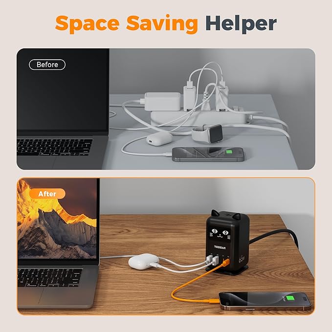 USB C Charger Block PD 65W, TESSAN Charging Station for Multiple Devices, Desktop Tower Charger with 4 USB Ports for iPhone 17/16/15, MacBook, Tablet, Office Home Dormroom, Black