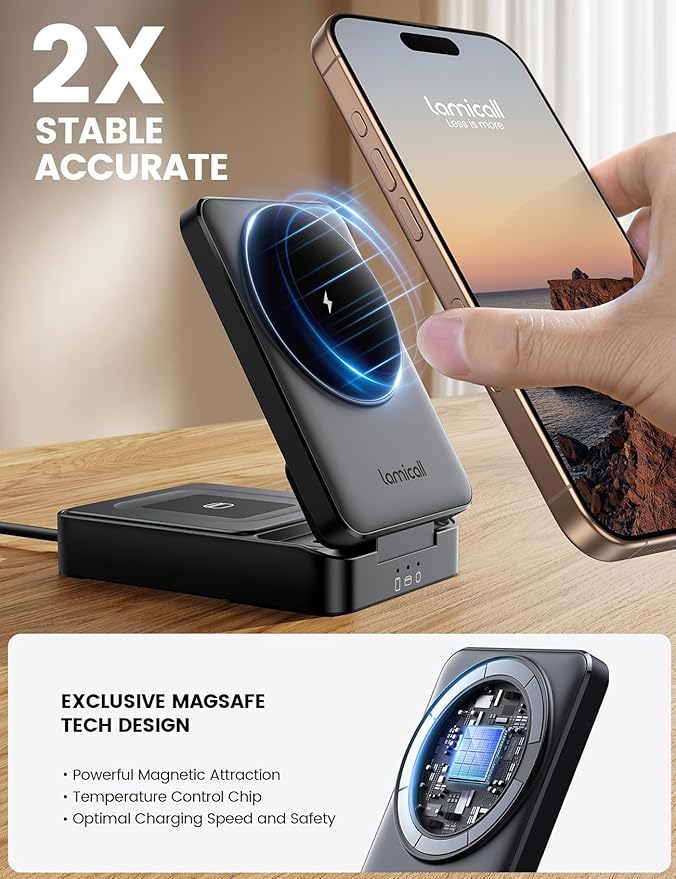 Lamicall Travel 3 in 1 Wireless Charging Station for Apple MagSafe, [Upgraded Cooling] Foldable Magnetic Charger Stand for iPhone 17 16 15 14 13 Pro Max, AirPods, Apple Watch (Adapter Included)