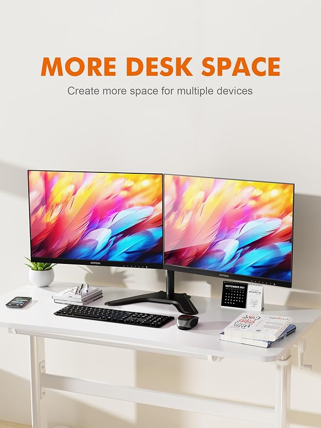 GRIFEMA Two Monitor Stand for 13-32'' LED/LCD Inch, Support 2 Monitors, Monitor Arm Height Adjustable, Tilt, Rotate, Rotate, Cable Management, up to 10 kg, VESA 75/100 mm