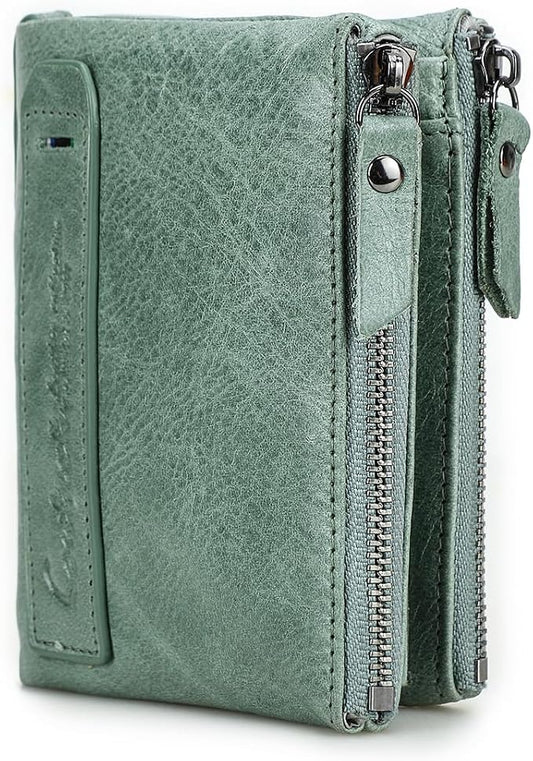 CONTACTS Soft Leather Wallet for Women and Men Small Bifold Coin Purse Double Zipper Card Holder RFID Blocking (Matcha Green)