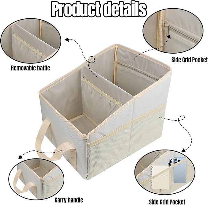 Hovom Car Organizer, Automotive Passenger Seat Organizer, Car Caddy with Multiple Compartments & Pockets, Collapsible Small Vehicle Storage Organizers for Front and Back Seat, Trunk, Floor (Beige)