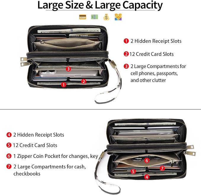 GAEKEAO Wallet for Women Clutch RFID Blocking Wristlet Leather Purse Large Capacity Credit Card Holder with Grip Hand Strap