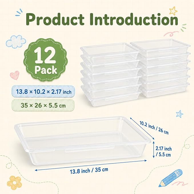 12 Pack Flat Storage Paper Tray with Clear Latching Lid Letter Size Organizer Bin Tray Plastic Latching File Organizer for Classroom Library School Office Teacher Desktop Book Organization (Clear)