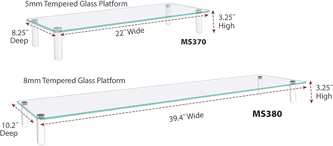 Kantek Glass Monitor Riser with 5mm Tempered Glass Platform and 40-Pound Capacity, 22-Inch W x 8.25-Inch D x 3.25-Inch H, Clear Glass (MS370)