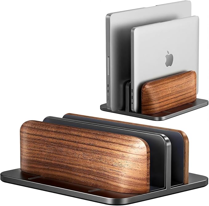 JCZT Vertical Laptop Stand, Walnut Dual Laptop Holder with Adjustable Aluminum Alloy Base Laptop Stand Compatible with All MacBok/Surface/Samsung/HP/Dell/Chrome Book (Black)