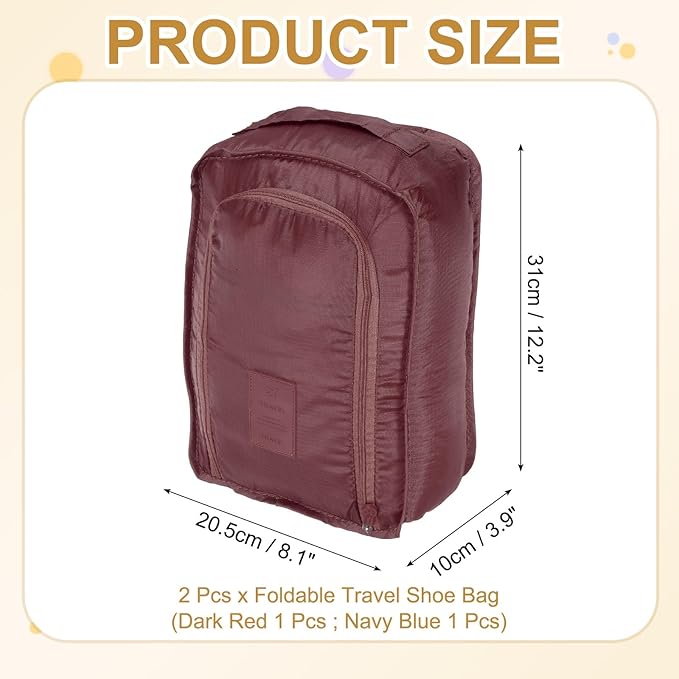 Foldable Travel Shoe Bag, Waterproof Shoe Pouches Organizer with Handle Travel Packing Cubes -Fitting for Storing (Sneakers/Sandals/Fitness Shoes) 2 Pcs & Dark Red/Navy Blue