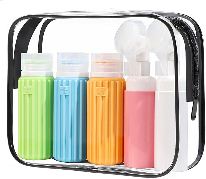 HEYMKGO 5 Pack Travel Bottles Set - 3 Leak Proof Silicone Squeezable Containers for Toiletries,2 Pump Bottles, Conditioner, Shampoo, Face & Body Wash Accessories