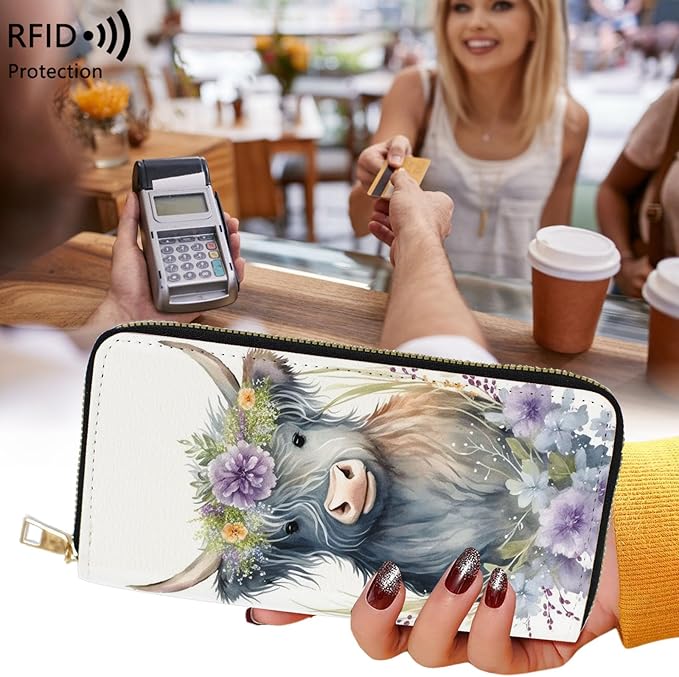 Womens Wallet,RFID Blocking Large Capacity Clutch,Zip Around Leather Purse with 8 Card Slots,Bill Compartments Coin Pocket - Flowers Cow