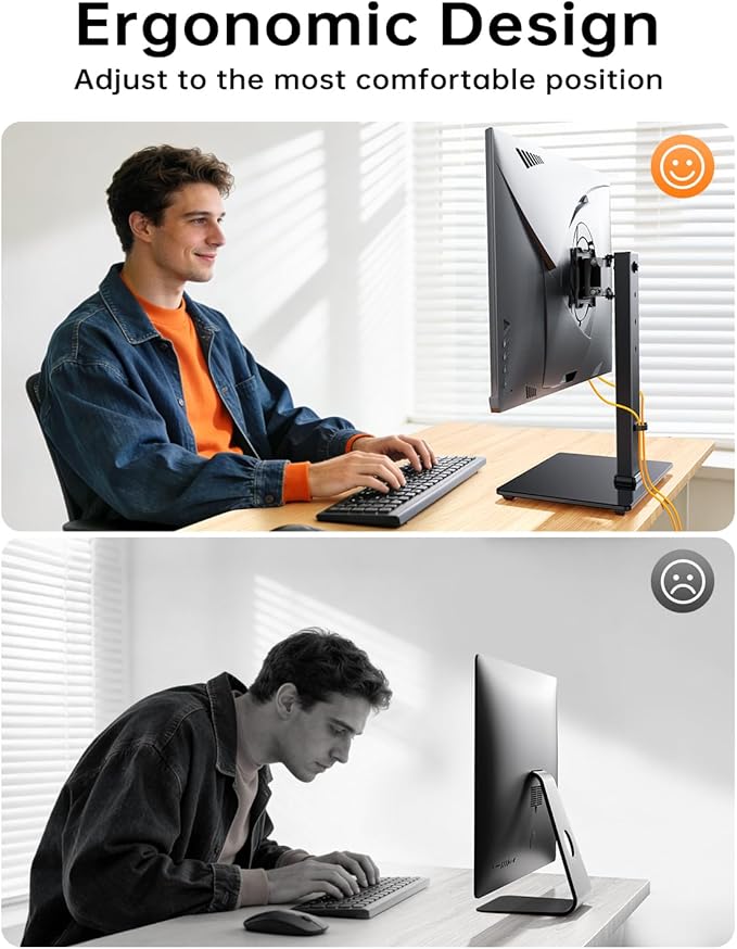 Single Monitor Stand, FreeStanding Desk Stand for 13-32 inch Screens, VESA Mount Monitor Riser with Swivel, Tilt, Rotation, 4 Height Options, Tempered Glass Base, Max Load 77lbs VESA 75x75mm-100x100mm