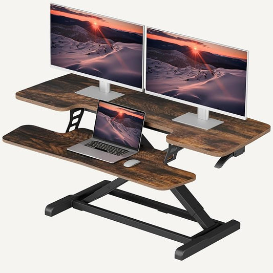 SANODESK 42" Extra Large Standing Desk Converter, Effortless Lift Sit-Stand Riser, Heavy Duty Multi-Device Workstation, Spacious Ergonomic Desktop Riser, Rustic Brown