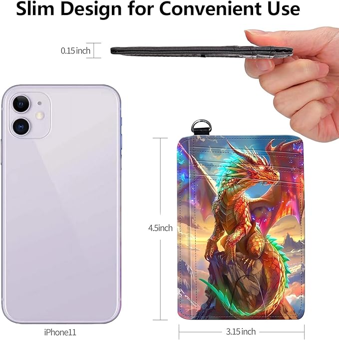 Slim RFID Blocking Card Holder Wallet with Wrist Strap - Minimalist Front Pocket Wallet, Golden Dragon Design, PU Leathe, for Men & Women, Ideal for Travel & Gifts