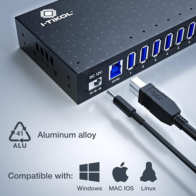 USB 3 0 Hub - 16 Ports Powered USB Hub - Desktop USB Expander Hub - up to 5Gbps High-Speed USB Splitter for Multiple Devices - Aluminum Alloy Multiple USB Hub w/AC Adapter for Laptop Phone Tablet PC