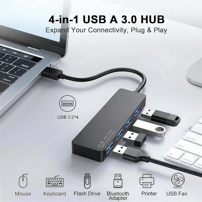USB 3.0 Hub, 4-Port Multiple USB A Splitter, Plug and Play USB Extender Hub for Laptop/PC/Desktop, Mouse, Keyboard, Flash Drive, U Disk, Printer, Xbox, HDD and More – 0.8FT (Not a Charger)