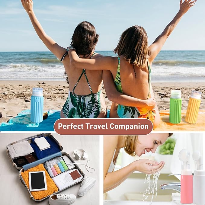 HEYMKGO 5 Pack Travel Bottles Set - 3 Leak Proof Silicone Squeezable Containers for Toiletries,2 Pump Bottles, Conditioner, Shampoo, Face & Body Wash Accessories