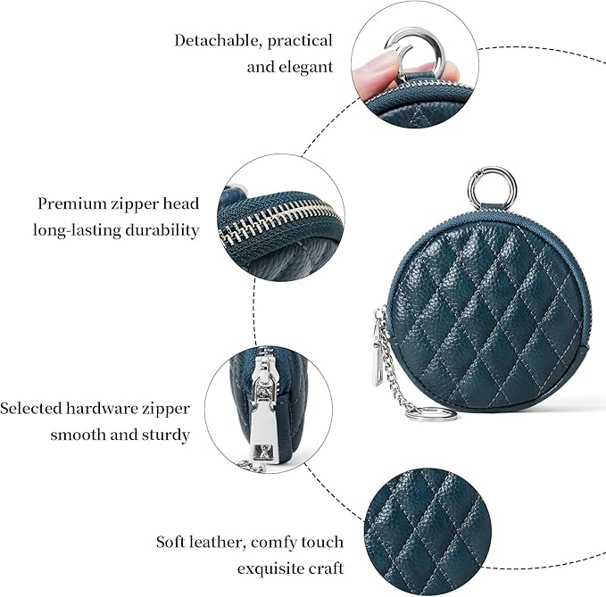 SENDEFN Leather Round Coin Purse for Women with Keychain Small Change Wallet Zipper Coin Pouch