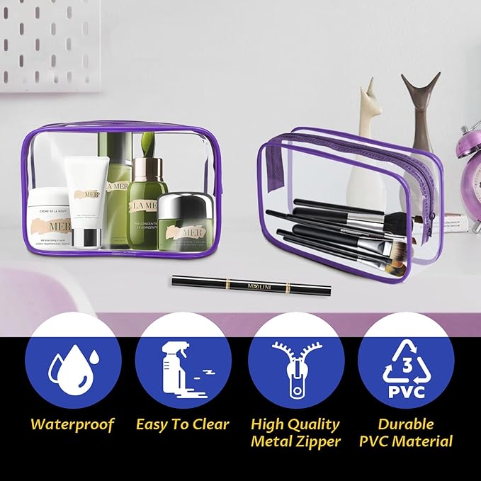 YedsIntu 16 Pieces Clear Makeup Bag PVC Zippered Clear Toiletry Carry Pouch Portable Cosmetics Bag Waterproof Makeup Bag Vinyl Plastic Organizer Case for Travel Vacation Bathroom (Purple-M)
