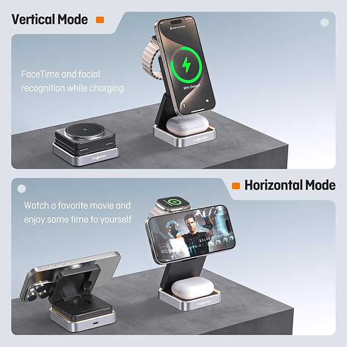 【2026 Upgraded】Wireless Charger 3 in 1, Foldable Wireless Charging Station with Night Light for Apple MagSafe Charger, Travel Magnetic Charger Stand, Nightstand Fast 15W Charging Station (20W Adapter)