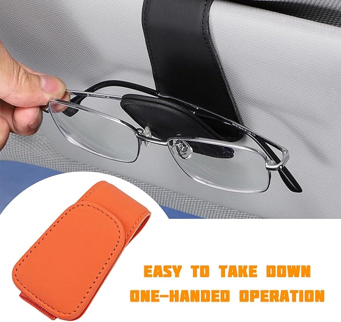 Sunglasses Holder for Car Visor, Microfiber Leather Magnetic Sun Visor Eyeglasses Hanger & Ticket Card Clip, Multi-Function Automotive Interior Glasses Mount, Universal Fit (Orange)