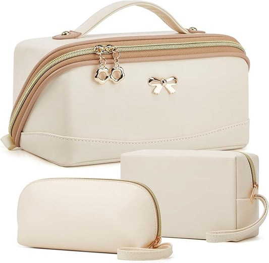 YTL Travel Makeup Bag, Large Capacity Cosmetic Bag for Women, Waterproof PU Leather, Flat Open Portable Toiletry Bag for Skincare, Brushes & Travel Essentials
