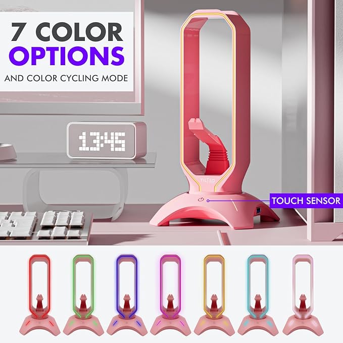 Tilted Nation Cute Headphone Stand Pink | Headset Stand with RGB, Mouse Bungee Holder, and 2 Port USB Hub Charger - Desk Gaming Accessories