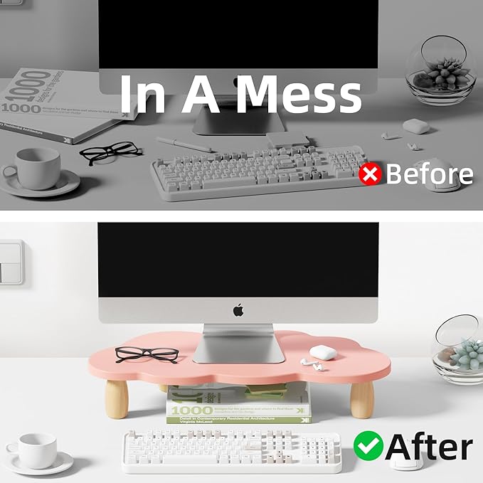 AFOOYO Monitor Stand Riser,Cloud Shape Wood Computer Monitor Stand, 16.5IN Monitor Stand Riser, Multi-Purpose Desktop Organizer Riser for Computer,Laptop,Printer,TV,Pink