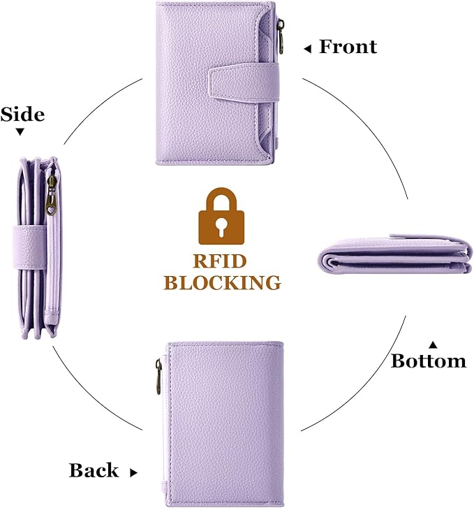 Airkit Small Wallet Women RFID Blocking Soft Leather Bifold Compact Card Holder Wallet for Women with Zipper Coin Pocket 4 ID Window