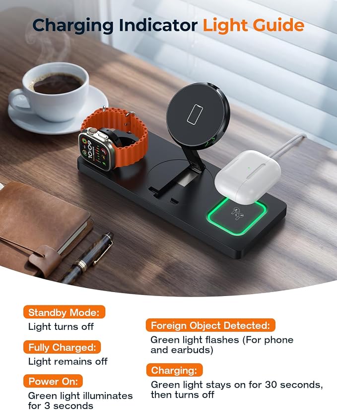 Foldable 3-in-1 Wireless Charging Station for Apple Magsafe Charger Stand, Travel-Friendly Fast Magnetic Wireless Charger Station for iPhone 17/16/15/14/13/12, Apple Watch & AirPods, Laptop Skins
