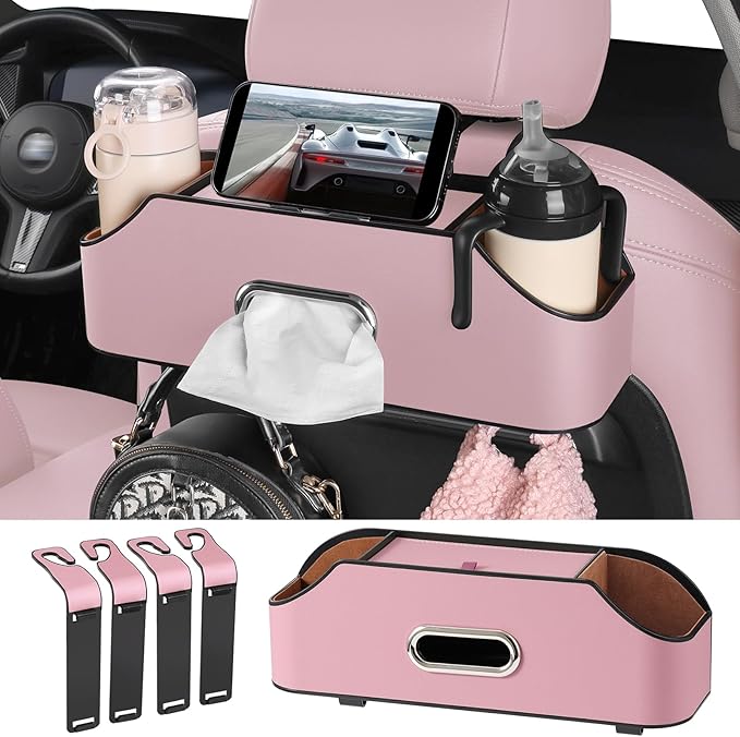 Car Rear Backseat Extra Multifunctional Drink Cup Holder Organizers with Tissue Storage Box Organizer & Hooks for Car Seat Back. Pink