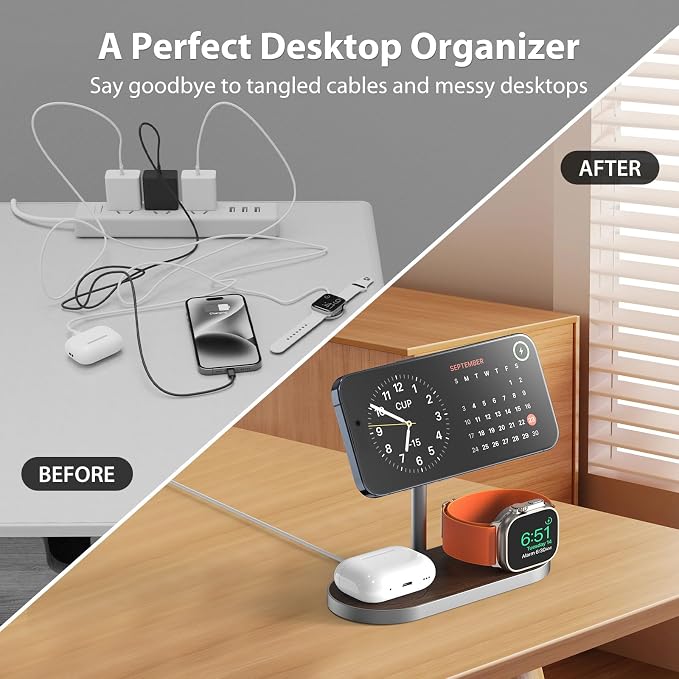 KU XIU X23 PRO Magnetic Wireless Charging Stand, 3-in-1 Charging Station for iPhone 17/16/15/14/13/12 & iPhone Air, 5W for iWatch S11–4/SE/Ultra 3/2/1, AirPods 4/3/2/Pro – Wood Grain