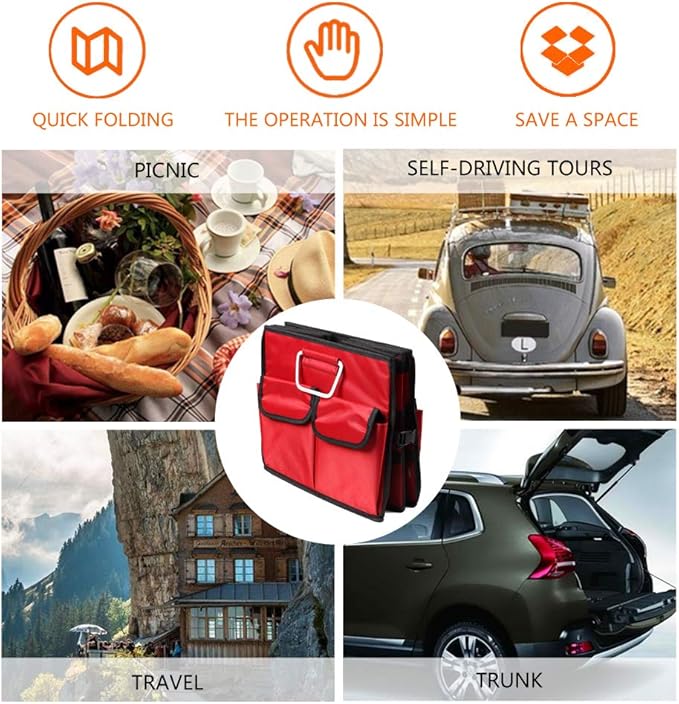 Car Trunk Organizer Collapsible Portable Multi Compartments Organizer with Non Slip Straps for SUV Truck Auto Vehicle Car Auto Minivan (Large without cover, Red)