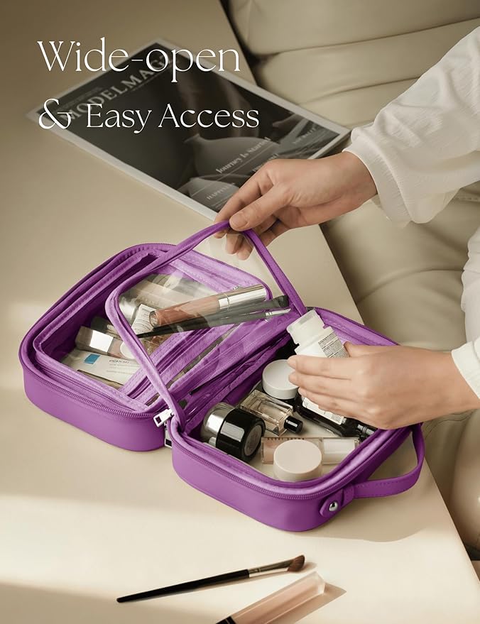 Clear Cosmetic Bag Double Layer Travel Toiletry Bag Clear Makeup Bag Case with 4 Compartments, Transparent Travel Bag for Toiletries, Large Toiletry Bag for Women Cosmetic Case (Purple, Small)