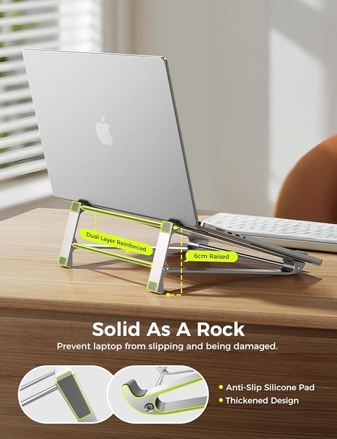 MAGIC JOHN Laptop Stand for Desk, Storage Laptop Riser Portable, Aluminum Ergnomic Computer Stand with Silicone Pads,Cooling & Laptop Holder, Compatible with MacBook Air Pro, HP, Dell, (10-17 Inch)