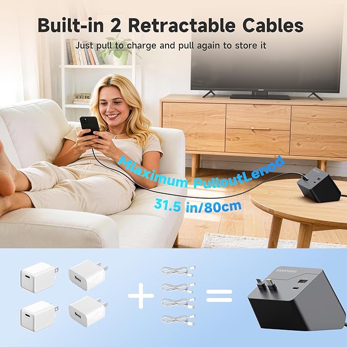4 in 1 Retractable Charger Station with Dual Cables, 40W Retractable Phone Charger with Dual USB Ports, 20W USB-C Desktop Fast Charging for iPhone 17 16 15 14 13 12 11, LG, Galaxy S24 23, Pixel