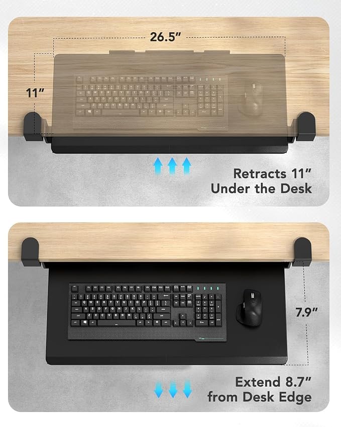 HUANUO Keyboard Tray Under Desk, Keyboard Holder with C-Clamp Hardware, 26.5″ W x 11.8″ D Slide Out Computer Keyboard & Mouse Tray for Home Office, Black, HNKB12B, Large