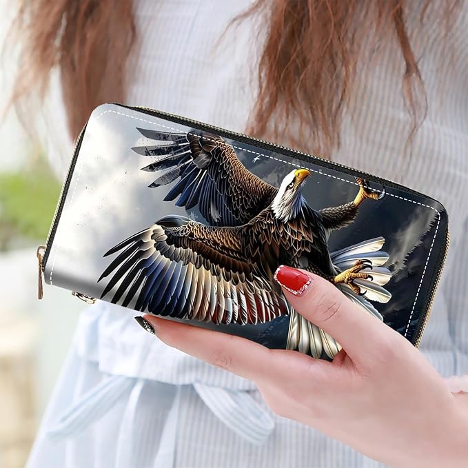 Women's Large Capacity Wallet PU Leather Zip Around Clutch Purse Multifunctional Wallet with Removable Wristlet Strap for Smart Phone/Coin/Card/Cash, Bald Eagle