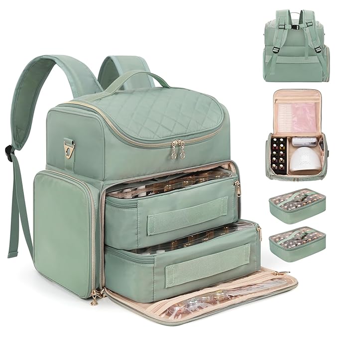 Extra Large Nail Polish Organizer Backpack, Holds 86 to 100+ Bottles & Full Size Lamp, Travel Nail Organizers and Storage Bag with 2 Removable Pouches, Portable Nail Supplies Case for Nail Tech Kit