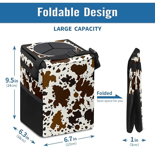 Western Brown Black Cow Print Car Trash Can with Lid Collapsible Reusable Waterproof Car Garage Bag,Automotive Garbage Can,Car Accessories Interior Car Organizer
