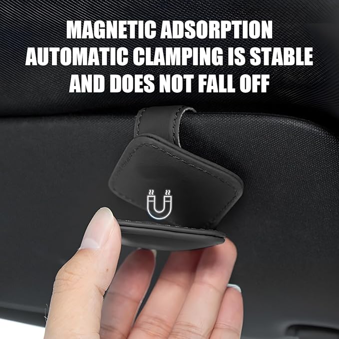 Sunglasses Holder for Car Visor, Magnetic Leather Vehicle Glasses Ticket Card Clip, Automotive Interior Eyeglass Hanger Organizer Accessories, Universal for SUV, Sedan, Truck (Black)